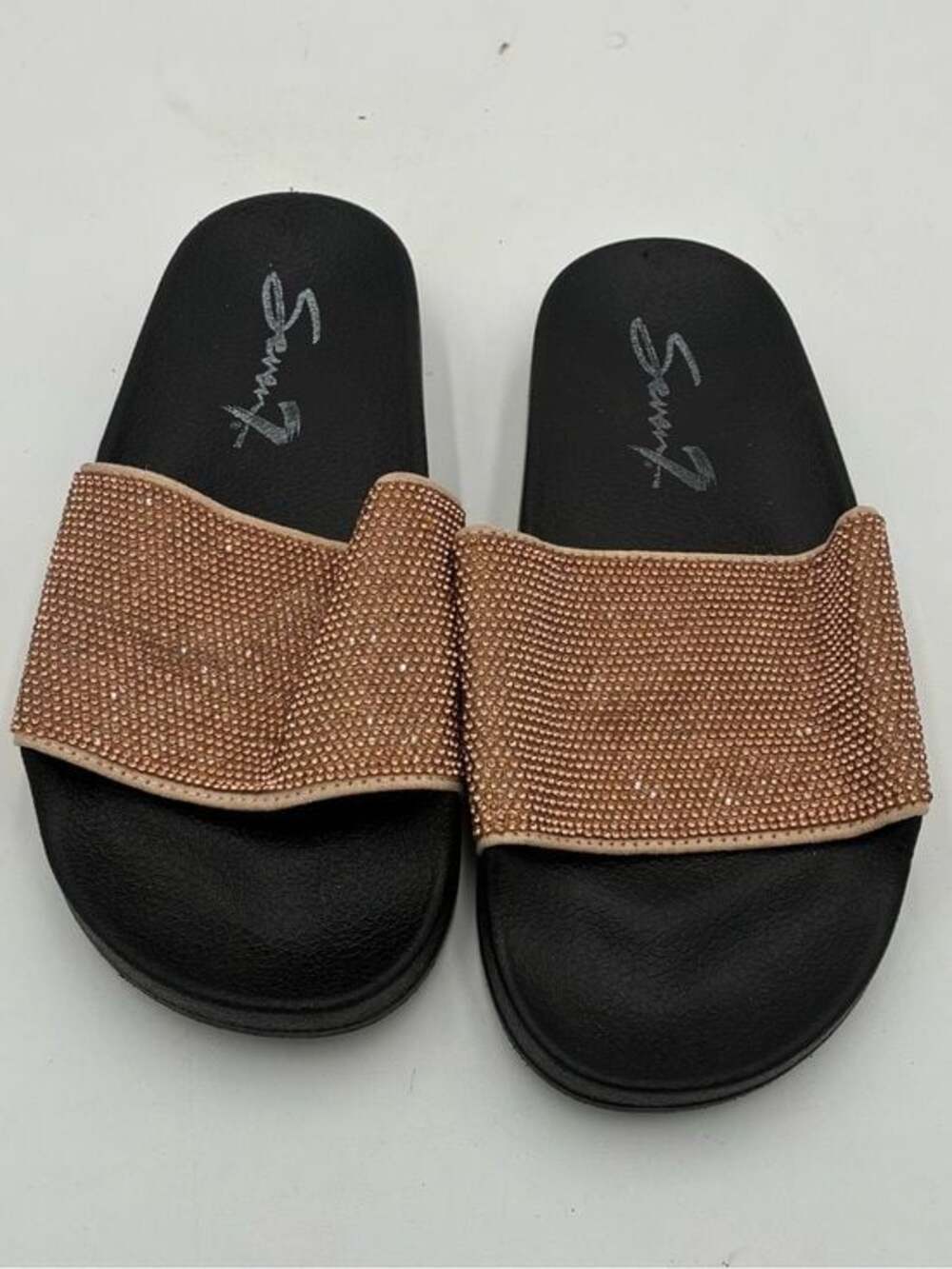 Seven7 Rose Gold Rhinestone Slide Sandals